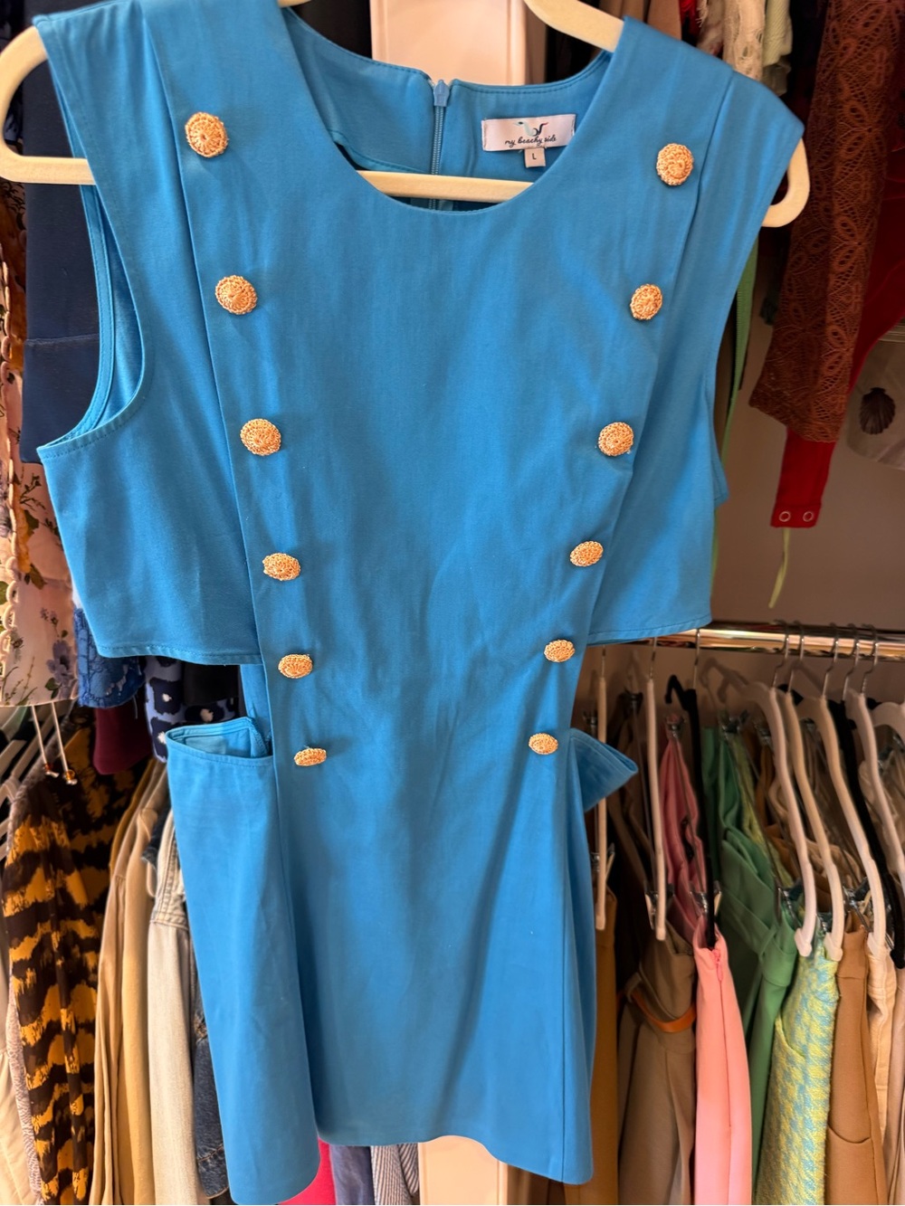 Women's Turquoise Sleeveless Beachy Dress with Gold Buttons